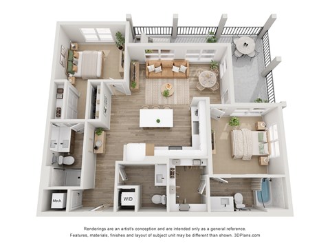 Floor plan for 2 beds, 2.5 baths, 1156 sqft
